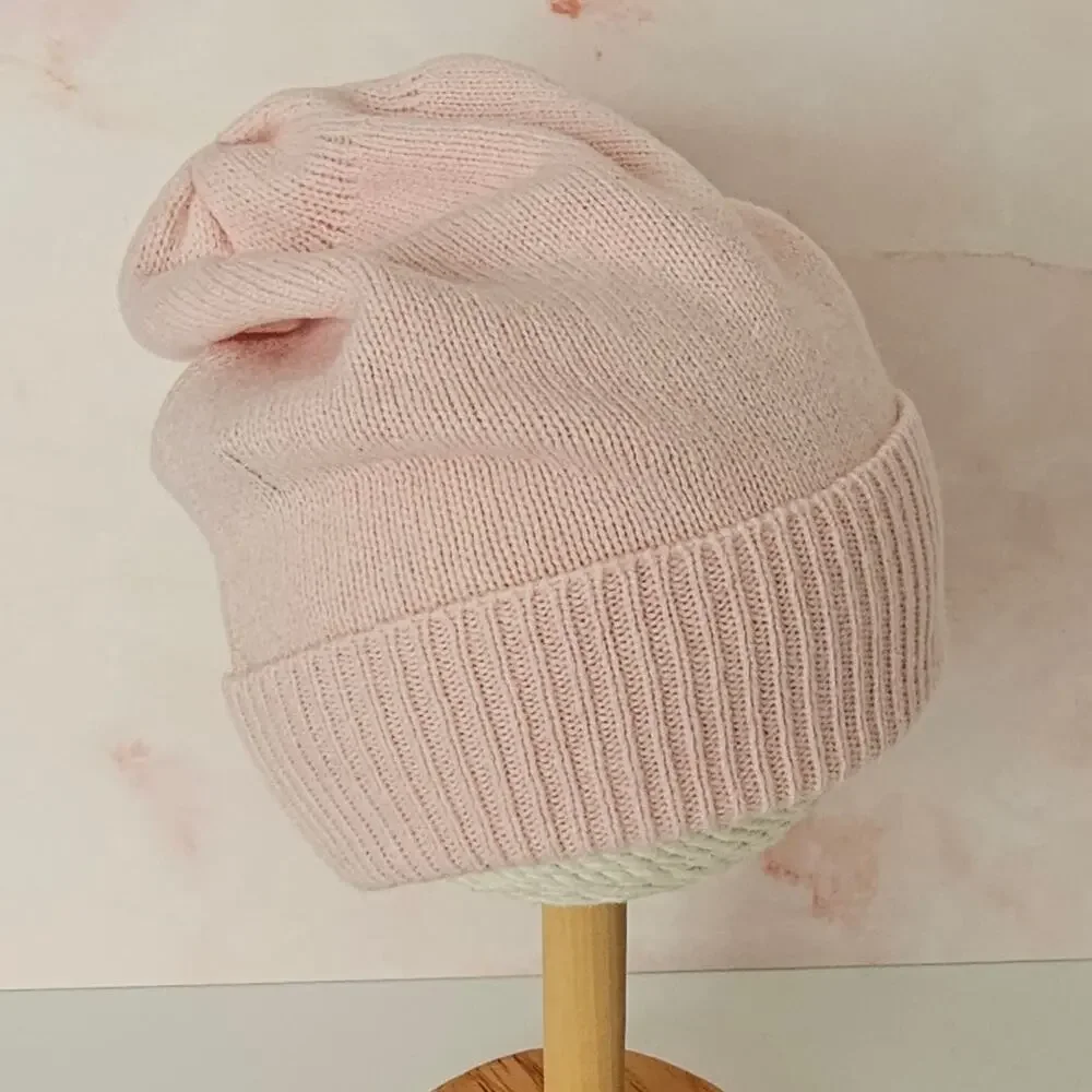 The Cashmere Shop Light Pink Fold-Over Cozy Mongolian Cashmere Knit Beanie Hat